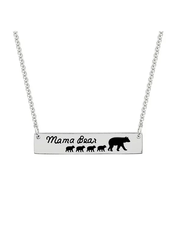 Mama Bear and Four Baby Cubs Silver Name Bar Necklace