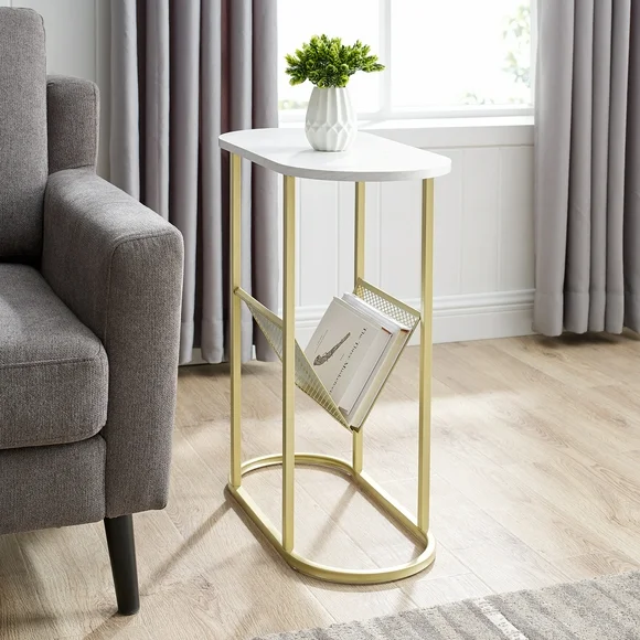 Manor Park Modern Magazine Rack Oval End Table, Faux White Marble/Gold