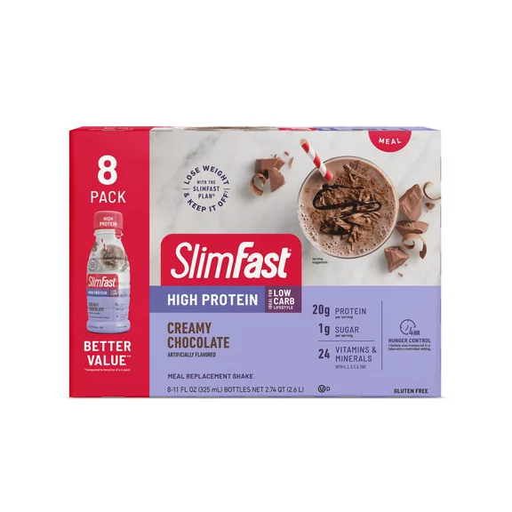 SlimFast High Protein Creamy Chocolate, Meal Replacement Shake, 11 fl oz, 8 Count