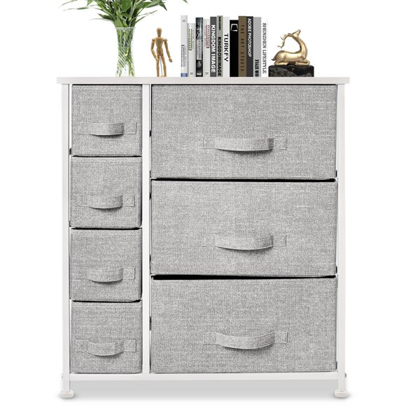 Bigroof Dresser for Bedroom Chest of Drawers Storage Organizer with Fabric Bins Steel Frame Wood top for Kids Bedroom Nursery Closet (Light Gray-7 Drawers)