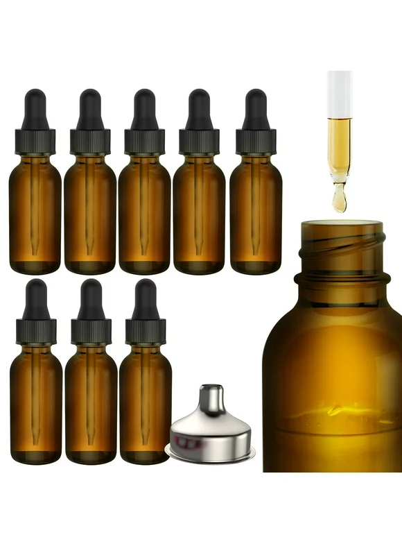 Nylea 8 Pack Essential Oil Bottles Round Boston Empty Refillable Amber Bottle with Glass Dropper [Free Stainless Steel Funnel] - 10ml