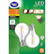 Great Value LED Light Bulb, 4.5 Watts (40W Equivalent) G16 Small Globe E12 Candelabra Base, Non-dimmable, Soft White, 2-Pack