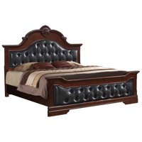 Valencia Upholstered Panel Bed, Queen, Antique Brown Wood, Traditional (Faux Leather Headboard, Footboard, Rails, Slats)