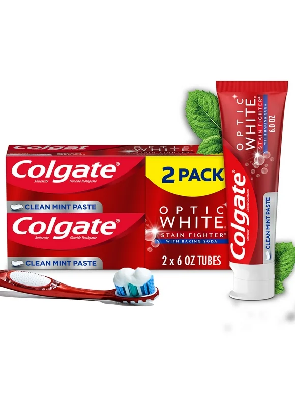 Colgate Optic White Stain Fighter Whitening Toothpaste, 2 Pack, Clean Mint, 6 Oz Tubes