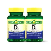 Spring Valley Vitamin D3 Softgels, 1000 IU, 100 Count, 2 Pack