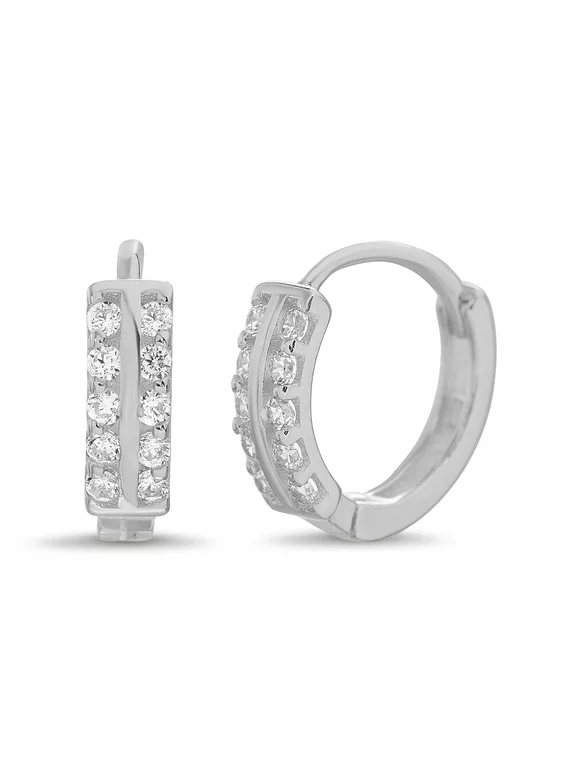 Round Double Row Prong Set Cubic Zirconia Huggie Hoop Earrings in 14k White Gold Plated Silver