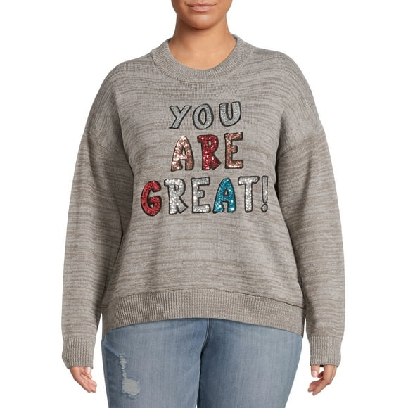 Terra & Sky Women's Plus Size Sequin Graphic Sweater