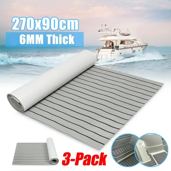 3Pcs 107" x 35" Marine Boat Sheet Teak Decking Boat Flooring Mats Yacht Flooring EVA Foam Floor Sheet Non-Skid Self-Adhesive Sea Deck , Grey with Black seam line, 5/6mm Thickness