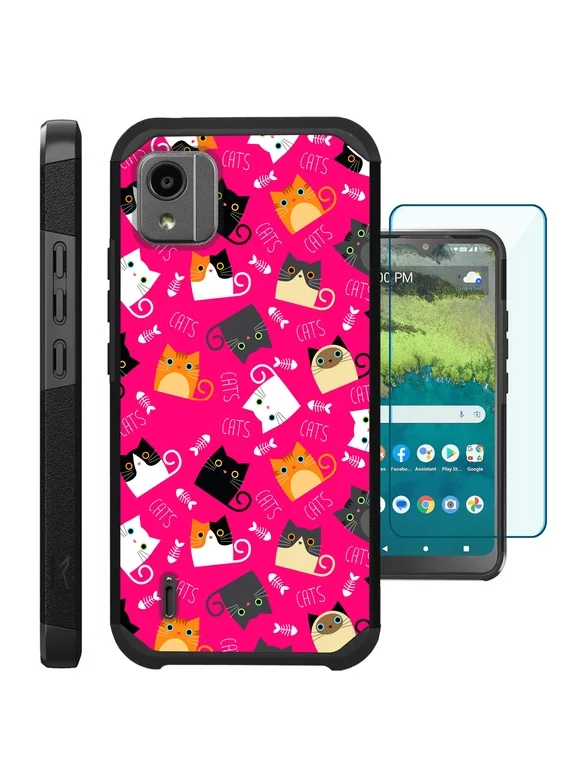 Compatible with Nokia C110; Hybrid Fusion Guard Phone Case Cover + TEMPERED GLASS SCREEN PROTECTOR (Pink Fishbone Cat)
