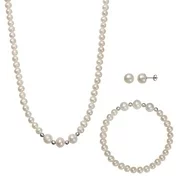8-9mm Cultured Freshwater Pearl and Sterling Silver Bead Necklace, Stretch Bracelet, Stud Earring Set, 7.5", 18"