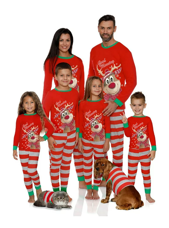 Calsunbaby Family Matching Christmas Pajamas Cartoon Tops with Stripe Pants Suit Sleepwear Adult Women Mom S