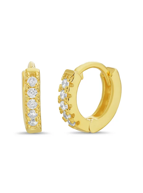 TwoBirch Round Prong Set Cubic Zirconia Huggie Hoop Earrings in 14k Yellow Gold Plated Silver