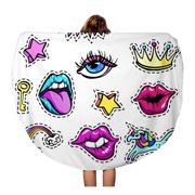 SIDONKU 60 inch Round Beach Towel Blanket Patch Badges Colorful Girls in Comic Cartoon 80 90 Travel Circle Circular Towels Mat Tapestry Beach Throw