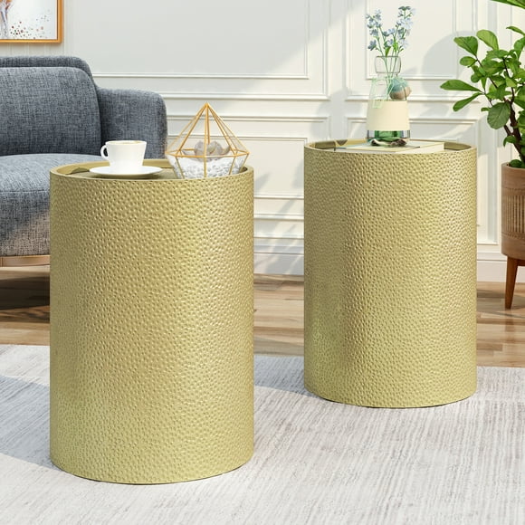Noble House Ezequiel Modern Hammered Iron Round Accent Table, 2 Pack, Gold
