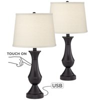 Regency Hill Traditional Table Lamps Set of 2 with Hotel Style USB Charging Port LED Bronze Oatmeal Shade Touch On Off for Living Room Bedroom