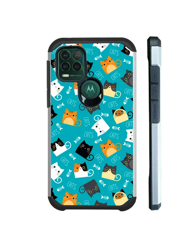 Compatible with Motorola Moto G Stylus 5G (2021) Hybrid Fusion Guard Phone Case Cover (Teal Fishbone Cat)