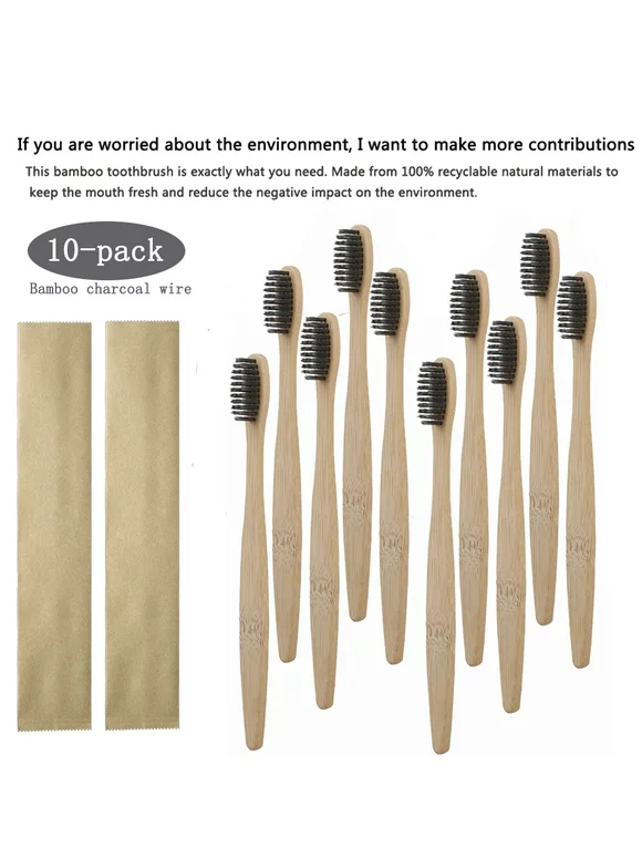 Biodegradable Reusable Bamboo Toothbrushes, Bamboo Toothbrush made from Natural wooden and Eco-Friendly BPA Free Bristles, 10 pack