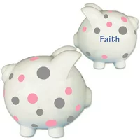 Personalized Hand Painted Dots Pink and Grey Piggy Bank