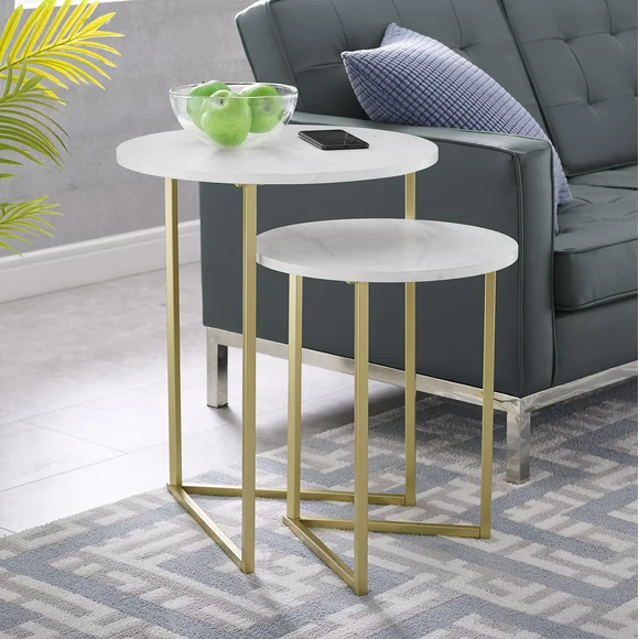 Manor Park 2-Piece Round Nesting End Table, White Faux Marble/Gold