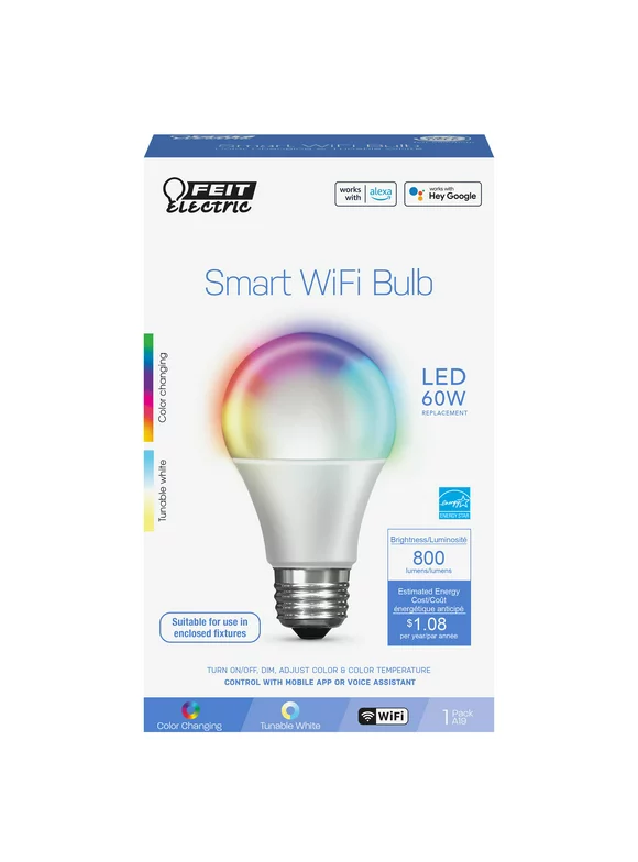 Feit Electric Smart LED 9 Watt (60 Watt Eq.) Color Changing/Tunable White Light Bulb, A19, E26, Dimmable