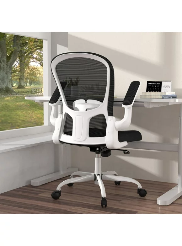 Silybon Ergonomic Office Chair, Comfort Swivel Home Office Task Chair, Breathable Mesh Desk Chair, Lumbar Support Computer Chair with Flip-up Arms and Adjustable Height(White)