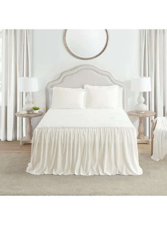 My Texas House Angelina Draping Ruffle Polyester 3-Piece Bedspread Set, Ivory, Queen