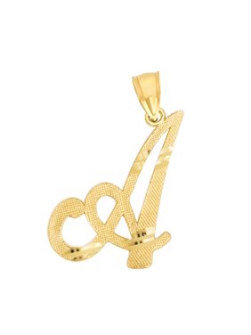 10K Solid Real Yellow Gold Personalized Cursive A Initial Pendant Necklace, Available in Different Letters Charm with Diamond Cut Gifts for Her