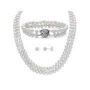 Genuine Freshwater Cultured Pearl 3-Piece Floral Accent Stud Earring, Double Strand Necklace and Bracelet Set in Sterling Silver 18"