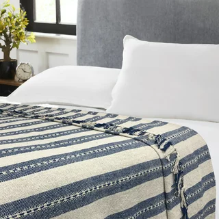 Marlo Stripe Blue/Beige Cotton Blanket Full/Queen