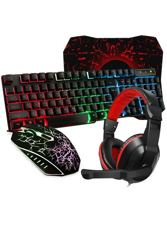 Gaming Keyboard and Mouse Combo with Headset, RGB Rainbow Backlit 104 Keys USB Wired Keyboard Mechanical Feeling, Gaming Headset with Microphone, Large Mouse Pad, for Computer Gamer Office