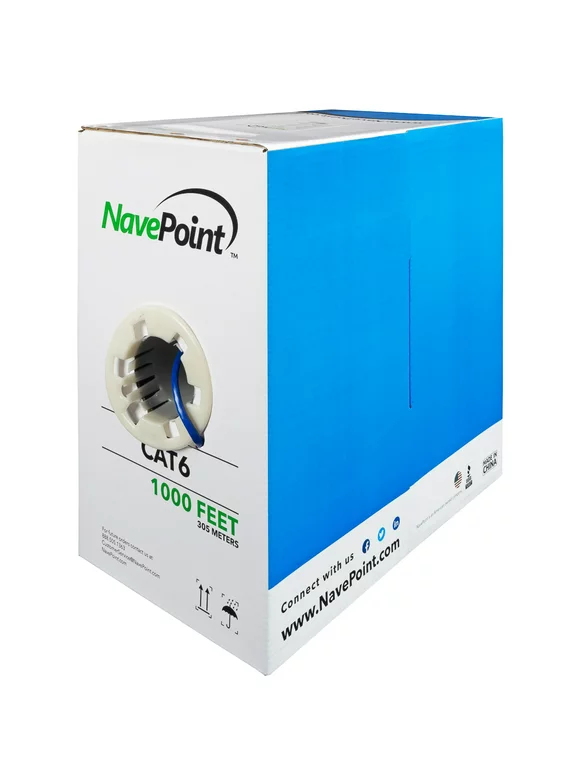 NavePoint Cat6 (CCA), 1000ft, Blue, Solid Bulk Ethernet Cable, 550MHz, 23AWG 4 Pair, Unshielded Twisted Pair (UTP)