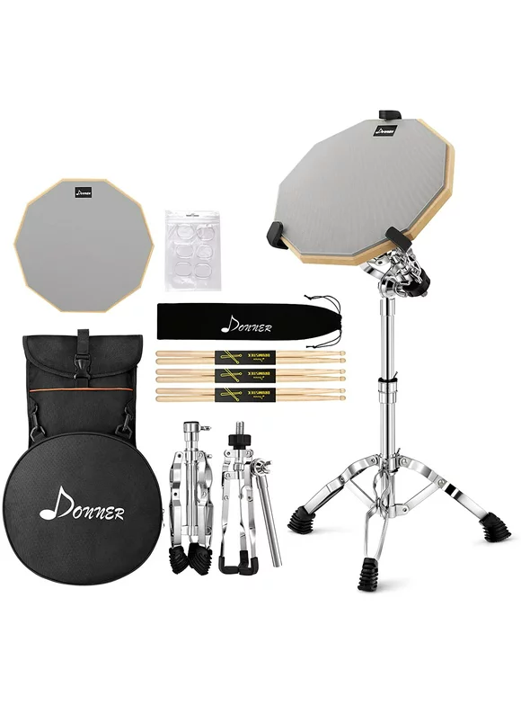 Donner Adults Kid Beginners Drum Practice Pad With Snare Drum Adjustable Stand Drumsticks, 12'' Noiseless Drums Set Kit For Home