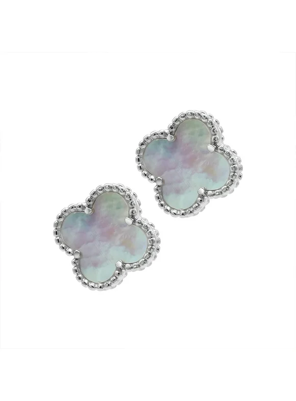 Silver Plated Quatrefoil White Mother of Pearl Clover Stud Earrings