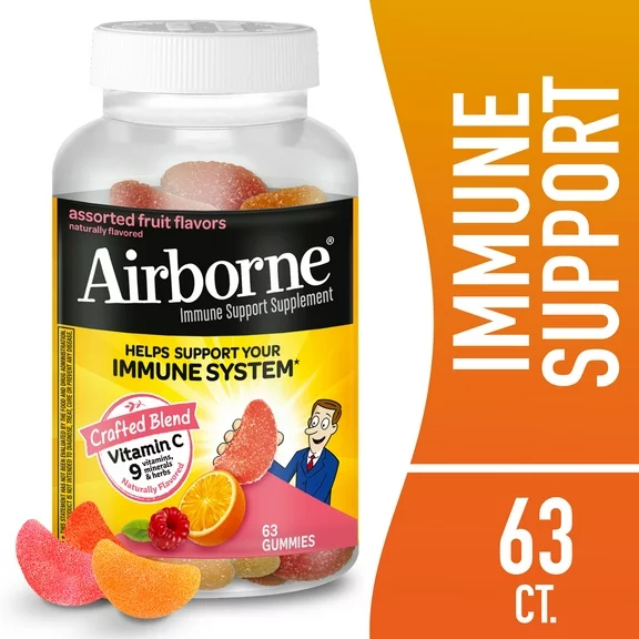 Airborne Assorted Fruit Flavored Gummies, 63 count - 750mg of Vitamin C and Minerals & Herbs Immune Support (Packaging May Vary)