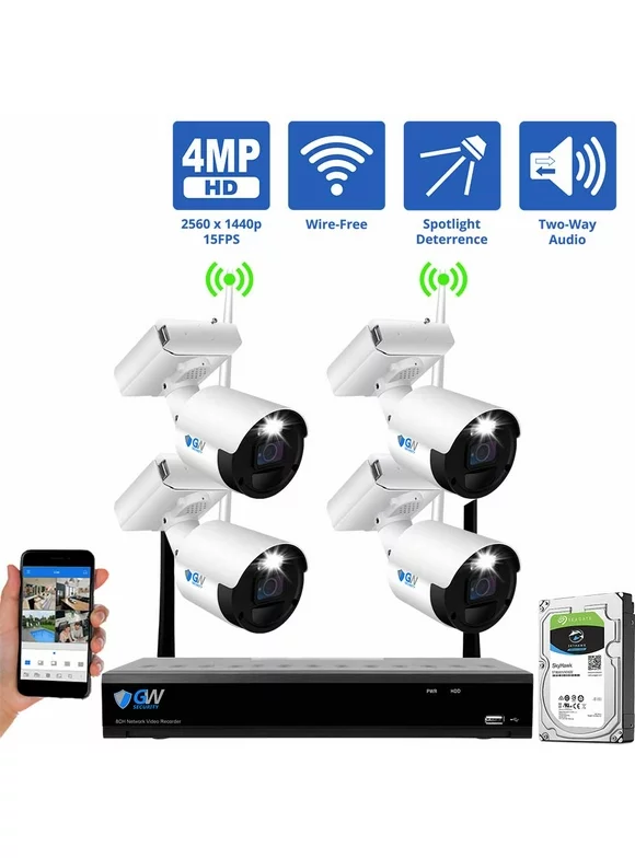 GW 8 Channel Wireless HD 1440P Home Security Camera System, 8ch WIFI NVR with 4 x 4MP Two-Way Audio Security Cameras, 180-Day Battery Life, Spotlight Color Night Vision, Outdoor Indoor, No Monthly Fee