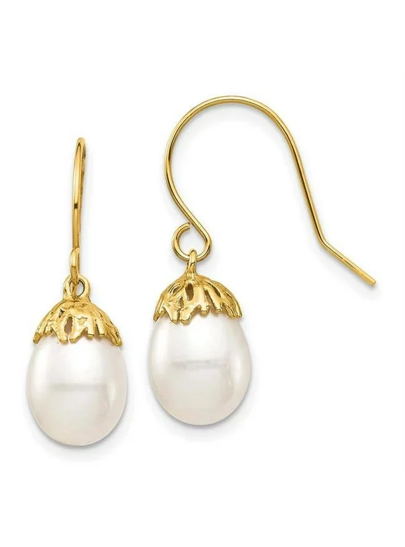 Finest Gold 7-8 mm 14K White Rice Freshwater Cultured Pearl Dangle Earrings