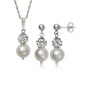 Cultured Freshwater Pearl and Crystal Bead Sterling Silver Pendant and Earring Set, 18"