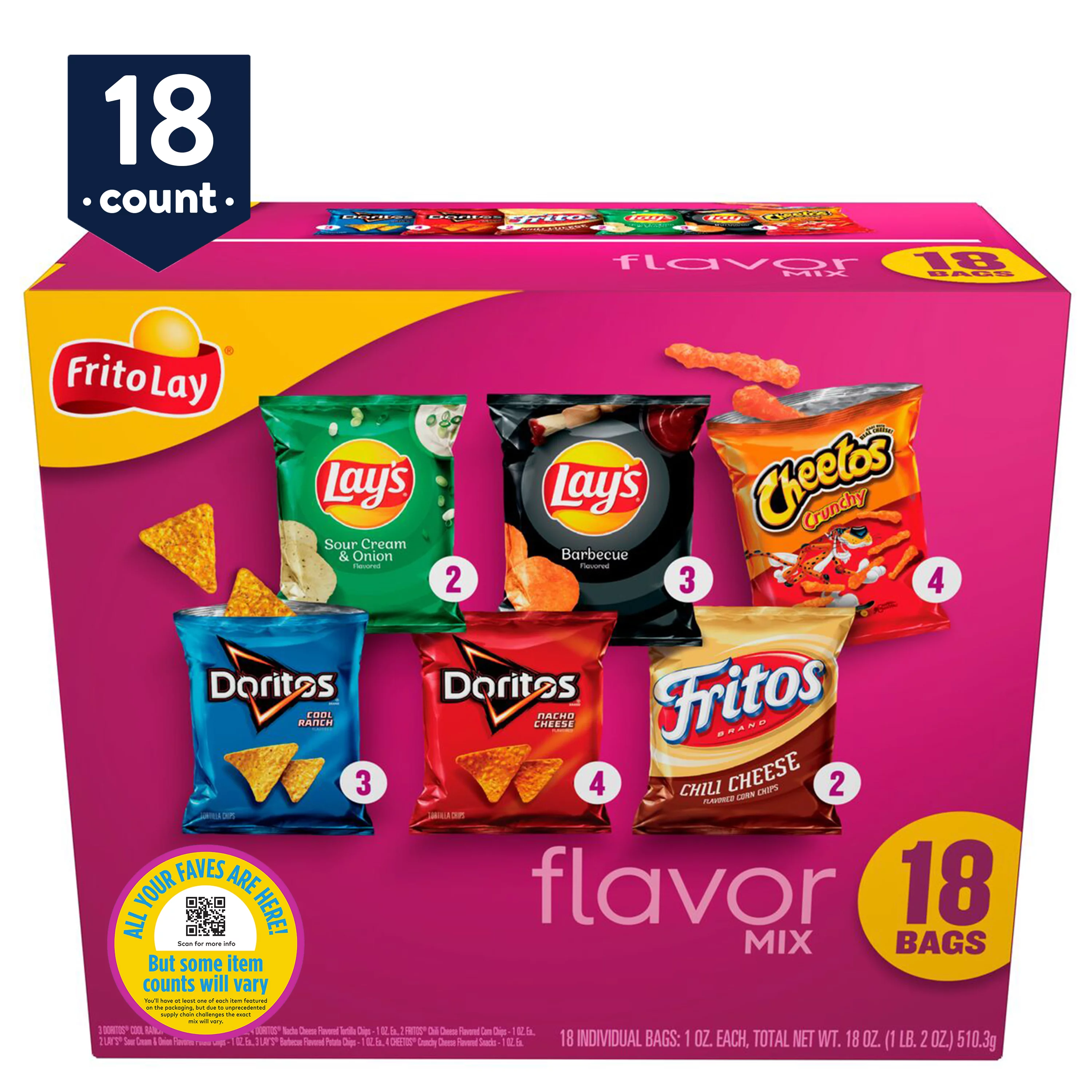 Frito-Lay Snacks Flavor Mix Variety Pack, 1 oz, 18 Count (Assortment May Vary)