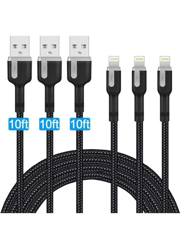 Exgreem 3 Pack 10 Feet Long Phone Charger Cable - Durable Braided Lightning Cord for iPhone 12 pro max 11 X/8/8 Plus/7/7 Plus/6/6S/6 Plus/5S/SE/Mini/Air/Pro Cases, gray