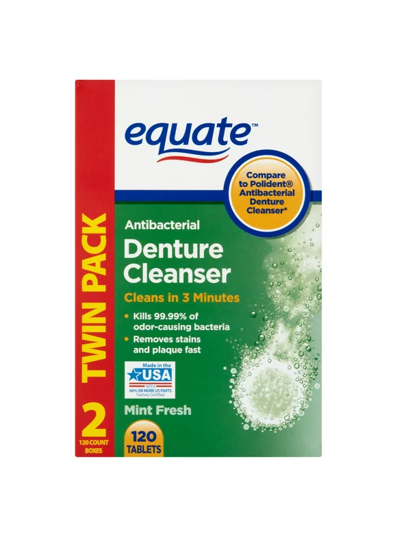 Equate Mint Fresh Antibacterial Denture Cleanser Tablets Twin Pack, 120 count, 2 pack