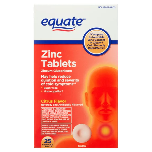 Equate Zinc Chewable Tablets, Citrus Flavor, 25 Count