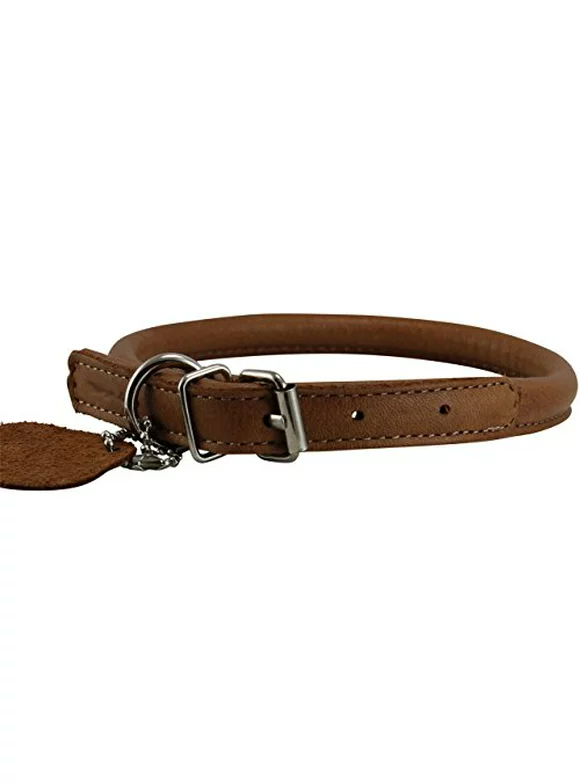 High Quality Genuine Leather Rolled Dog Collar Neck: 17.5"-21""; 1/2" Diam size, Long Hair Dogs and Puppies