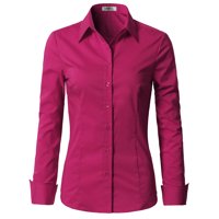 Doublju Women's Basic Long Sleeve Cotton Button Down Collared Shirt
