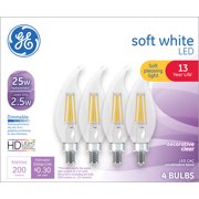 GE LED 2.5-Watt (25W Equivalent) HD Soft White Decorative Clear Light Bulbs, Small Base, Dimmable, 13 Year Life, 4pk