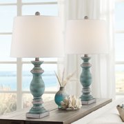Regency Hill Country Cottage Table Lamps Set of 2 Blue Gray Washed Fabric Drum Shade for Living Room Bedroom Bedside Nightstand