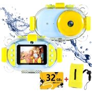Waterproof Underwater Camera, Rechargeable Front and Rear Selfie Video Kids Camera for 3-8-Year-Old, Dual 8MP 1080P Super HD Digital Kids Camera with 2.4inch IPS Screen 32 GB TF Card, Blue, S9675