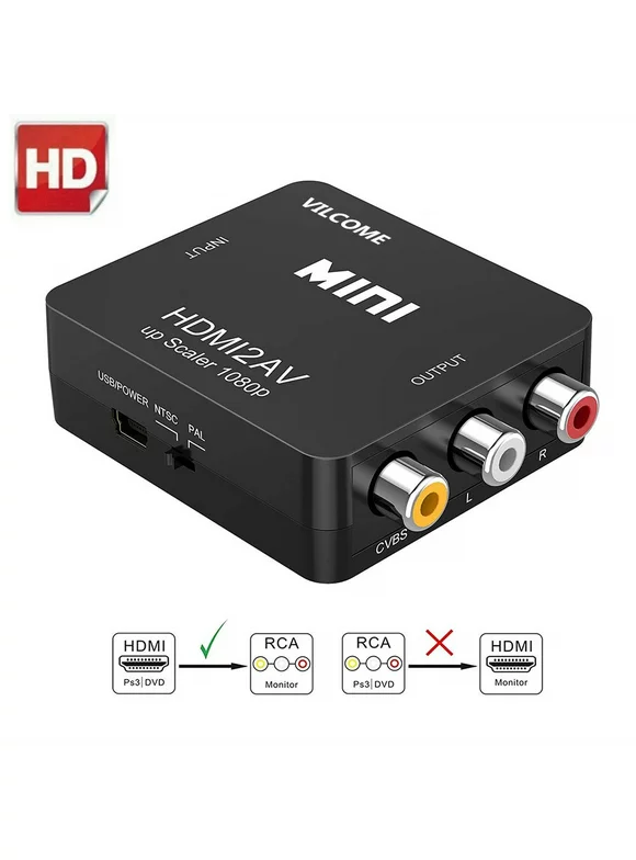 HDMI to RCA Audio Converter- HDMI to AV 1080P Converter HDMI to 3RCA CVBS AV Composite Video Adapter Supports PAL/NTSC for Amazon Fire TV Stick, Roku, Apple TV, PC, Laptop, Xbox, HDTV - Black