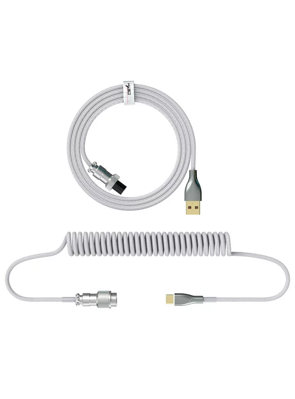 HXSJ USB to Type-C Keyboard Coiled Cable Detachable Mechanical Keyboard Coiled Cable with Metal Aviation Connector Nylon White