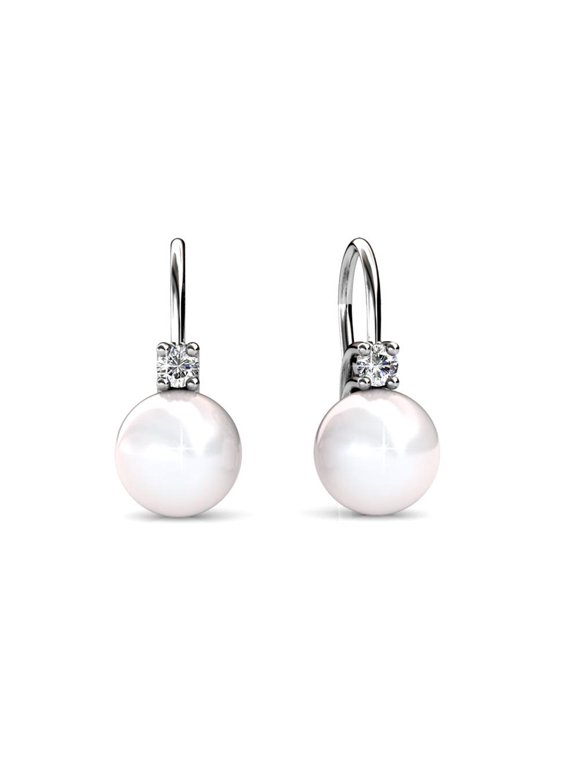 Cate & Chloe Cassie Refined 18k White Gold Pearl Drop Earrings W/ Swarovski Crytals, MSRP 119