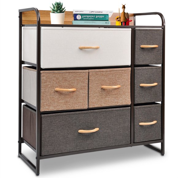 Bigroof Drawer Dresser Storage Tower with Sturdy Steel Frame Easy Pull Fabric Bins Organizer Unit Kids Dresser for Bedroom, Hallway, Entryway Closets Multi-Color, 7 Drawers Wood Handles